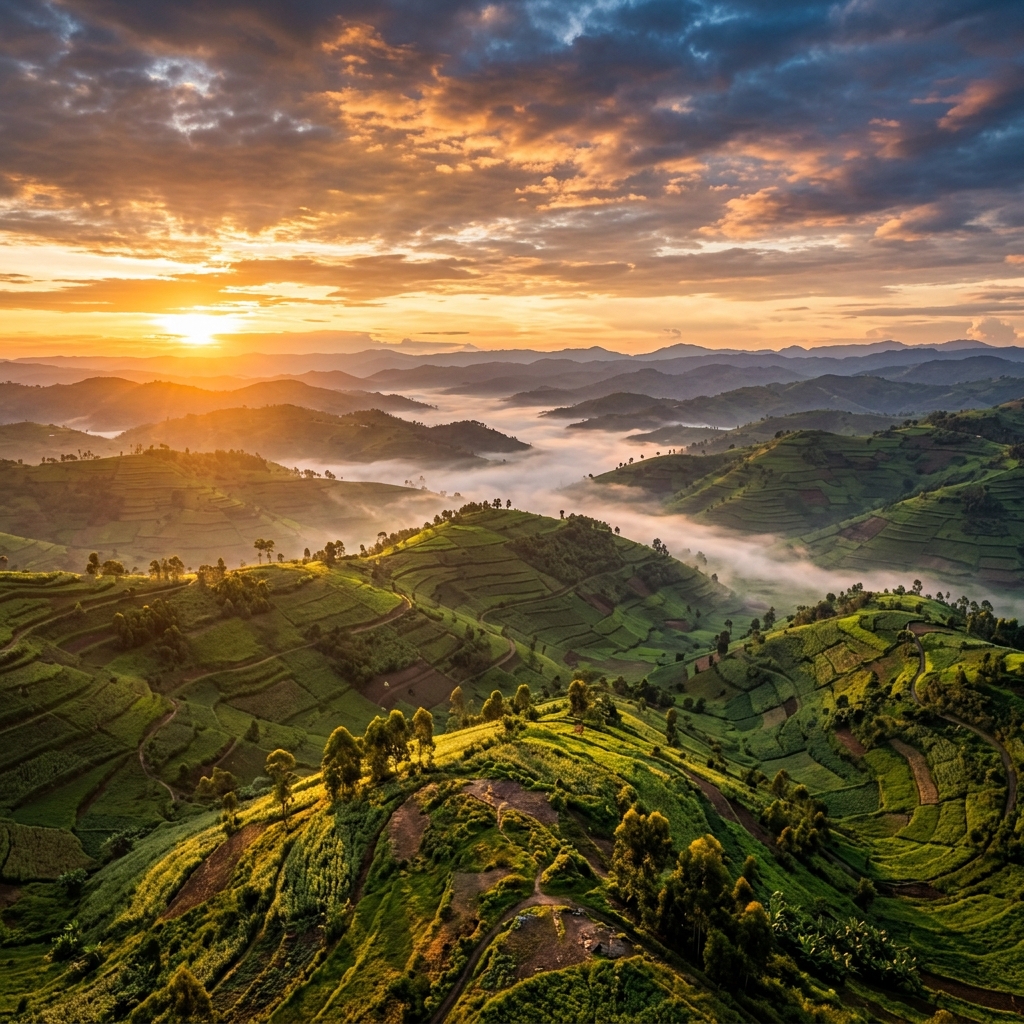 Lush green rolling hills of Rwanda, the Land of a Thousand Hills